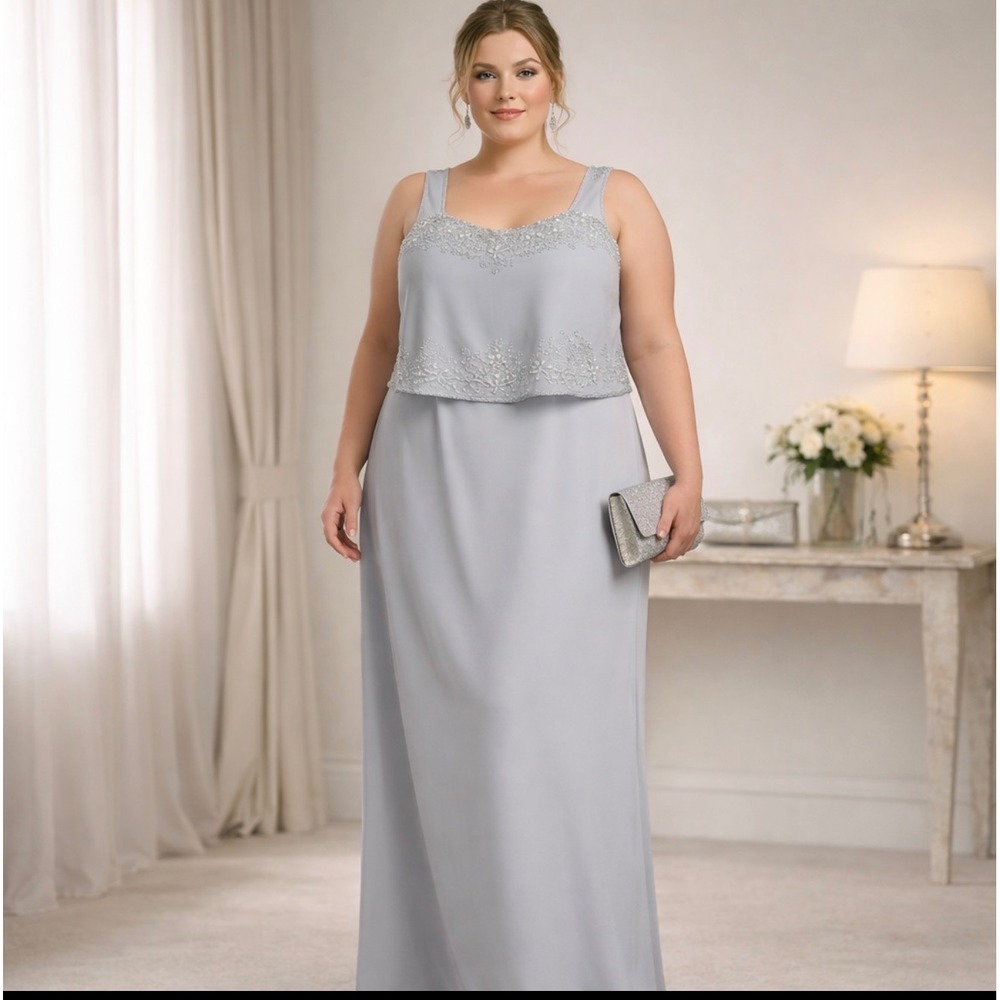 R&M Richards‎ Silver Grey Beaded Tiered Maxi Dress Plus Size 16W Formal Gown
